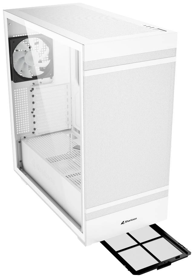 Der weiße Computergehäuse-Tower hat ein transparentes Seitenpanel, zeigt die interne Struktur, einen Lüfter und eine herausnehmbare Staubfilterplatte.