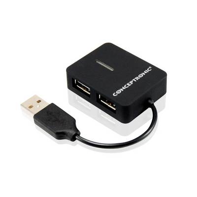 Ein schwarzer USB-Hub mit vier Anschlüssen, USB-Kabel angeschlossen, Markenname 'Conceptronic'.