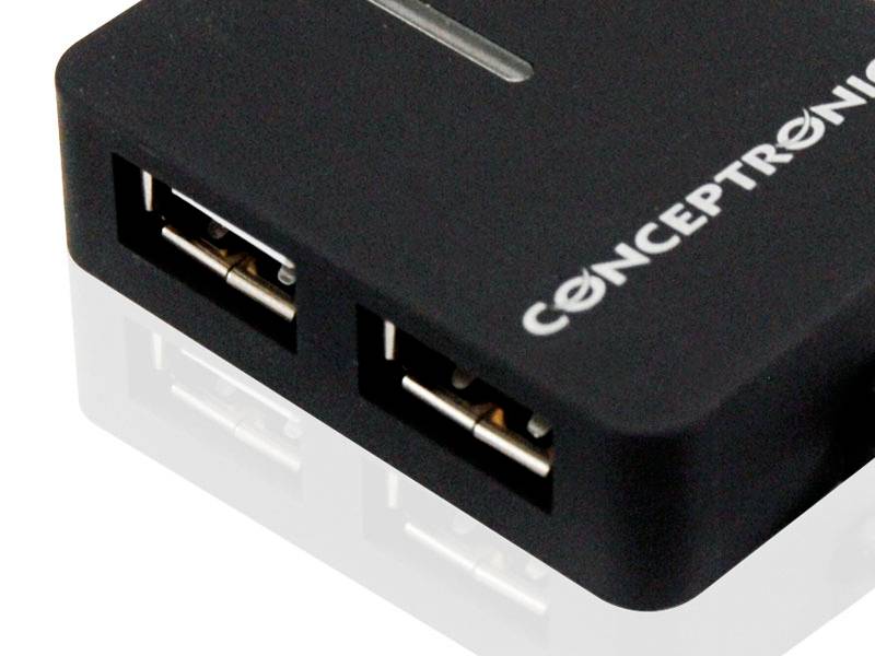 Schwarzer USB-Hub mit zwei USB-Ports und dem weißen 'Conceptronic'-Logo darauf.