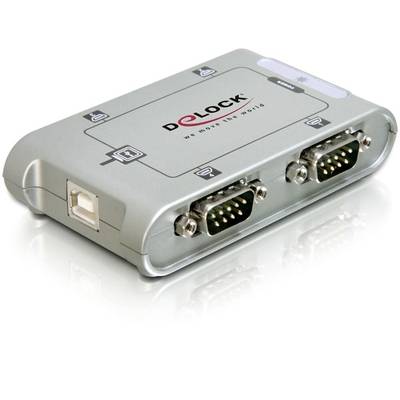 'DELOCK'-Markenadapter mit zwei seriellen RS-232-Ports und einem USB-Anschluss, geeignet zur Verbindung von seriellen Geräten mit USB.
