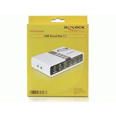 'USB Sound Box 7.1' Verpackung mit Abbildung des Produkts. Enthält mehrere Audioanschlüsse und ist für Multimedia-Anwendungen geeignet.