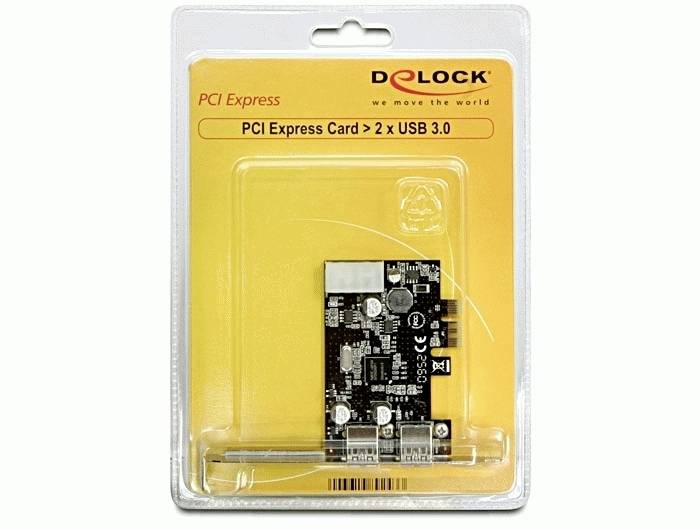 'Delock PCI Express Card' in Verpackung, bietet zwei USB 3.0 Anschlüsse. Verpackung in Gelb mit Herstellerlogo und Slogan.
