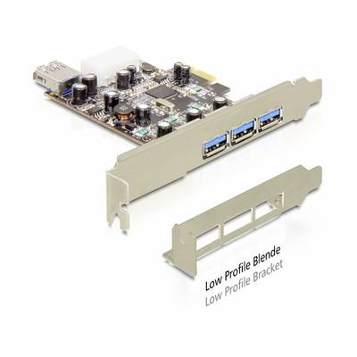 Abgebildet ist eine Computererweiterungskarte mit zwei USB-Anschlüssen und Low-Profile-Blende, für den Einbau in PCs geeignet.