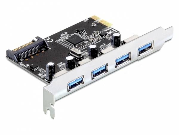 Eine PCIe-Erweiterungskarte mit vier blauen USB 3.0-Anschlüssen, geeignet zur Erweiterung der USB-Kapazitäten eines Computers.