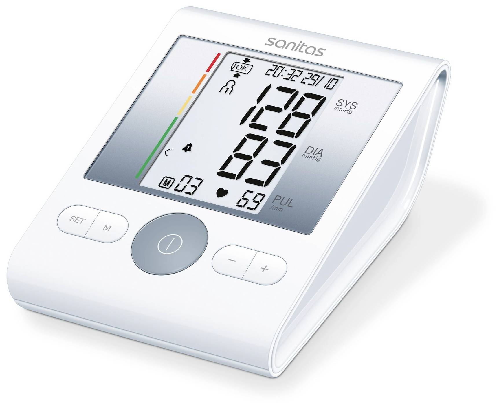 Blutdruckmessgerät mit Digitalanzeige zeigt: 128 SYS, 63 DIA, 69 PUL. Oben rechts Datum und Uhrzeit 20:32, 29/10. Links Farbskala.