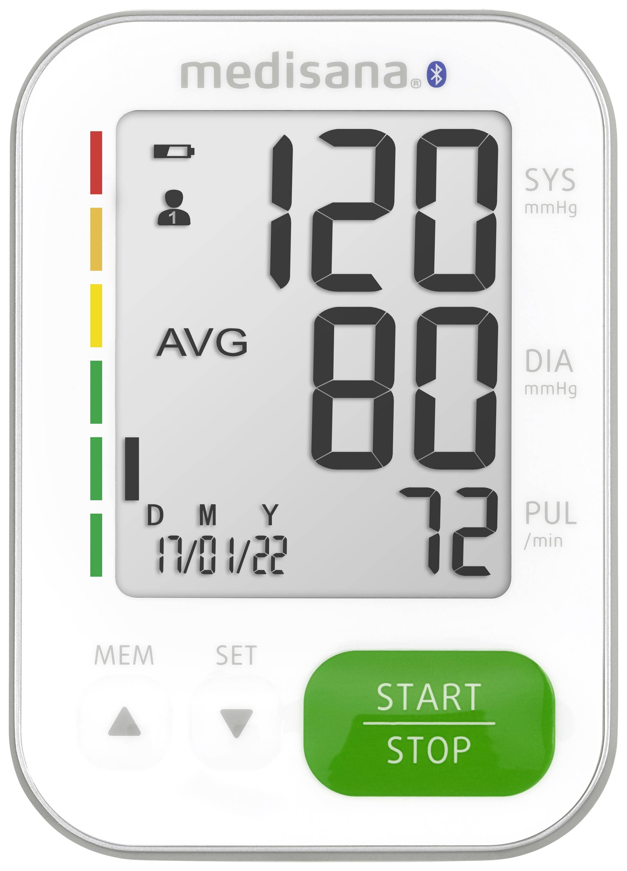 Blutdruckmessgerät zeigt Systole 120, Diastole 80 und Puls 72. Datum 17.01.22 angezeigt. Knopf mit 'Start/Stop'.
