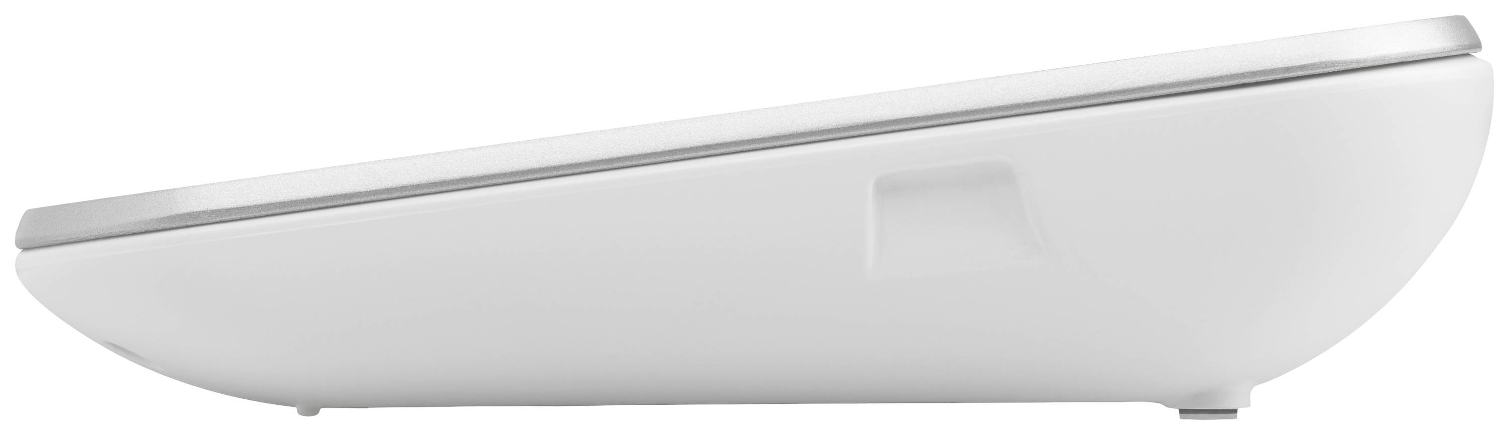 Weiße, moderne Küchenwaage mit digitaler Anzeige an der Seite, schlankes Design, seitliche Ansicht. Geeignet zum genauen Wiegen.