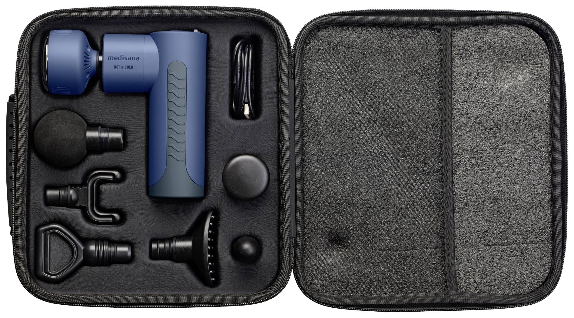 Massagestab-Set in einem Etui. Enthält verschiedene Aufsätze und Zubehörteile zur Muskelentspannung und Massage.