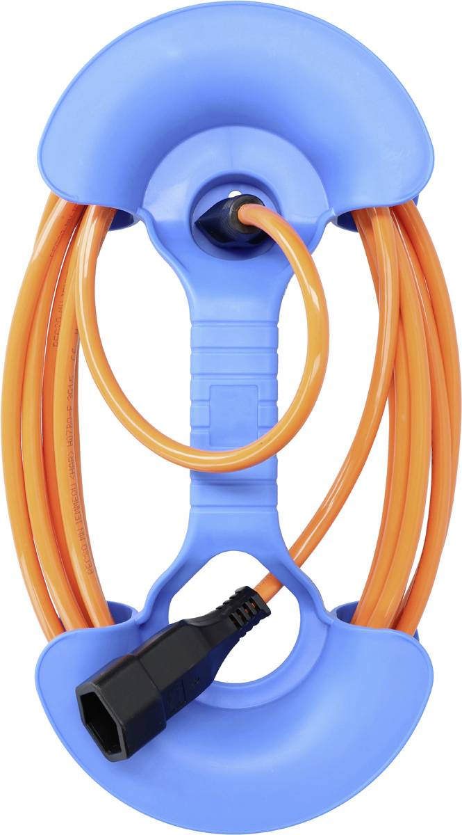 Ein blauer Kabelaufroller mit einem orangefarbenen Stromkabel, das ordentlich aufgerollt ist. Es endet in einem schwarzen Stecker.