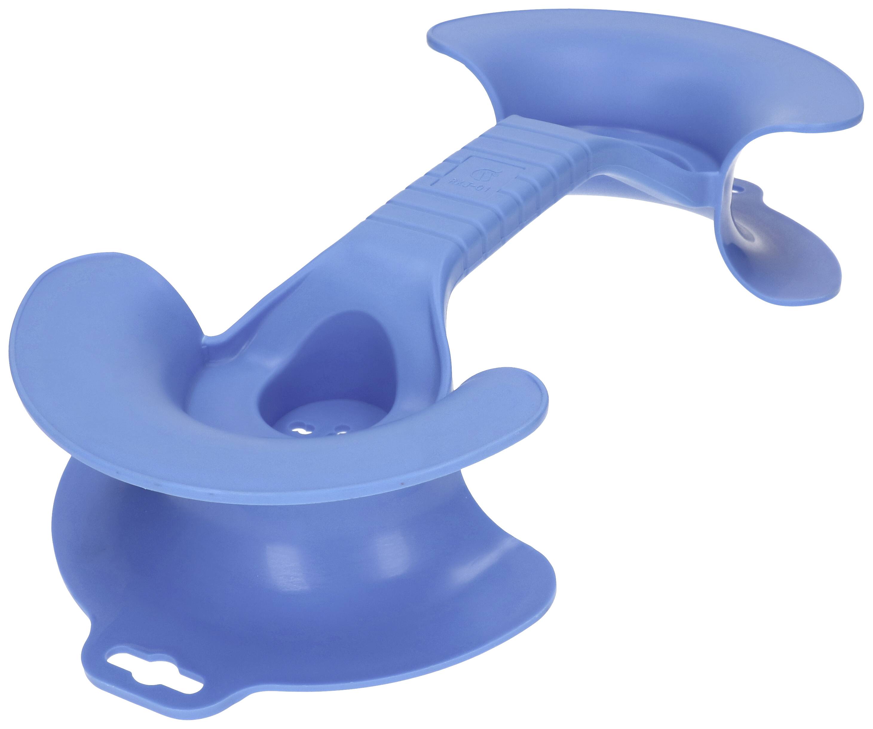 Ein blaues Kunststoffgerät mit ergonomischem Griff und zwei schalenförmigen Enden, möglicherweise ein Werkzeug oder Hilfsmittel.