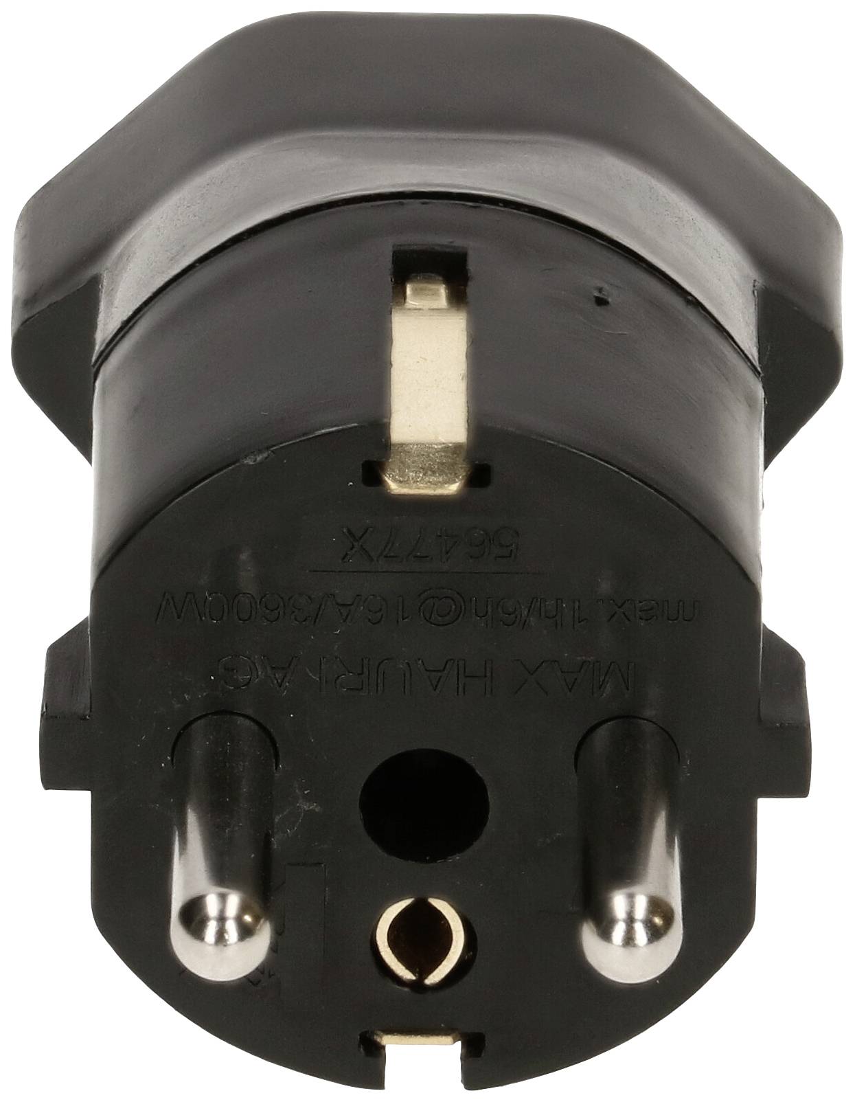 Ein schwarzer Steckdosenadapter mit zwei runden Metallstiften und einem Erdungsstift, Ansicht von vorne.