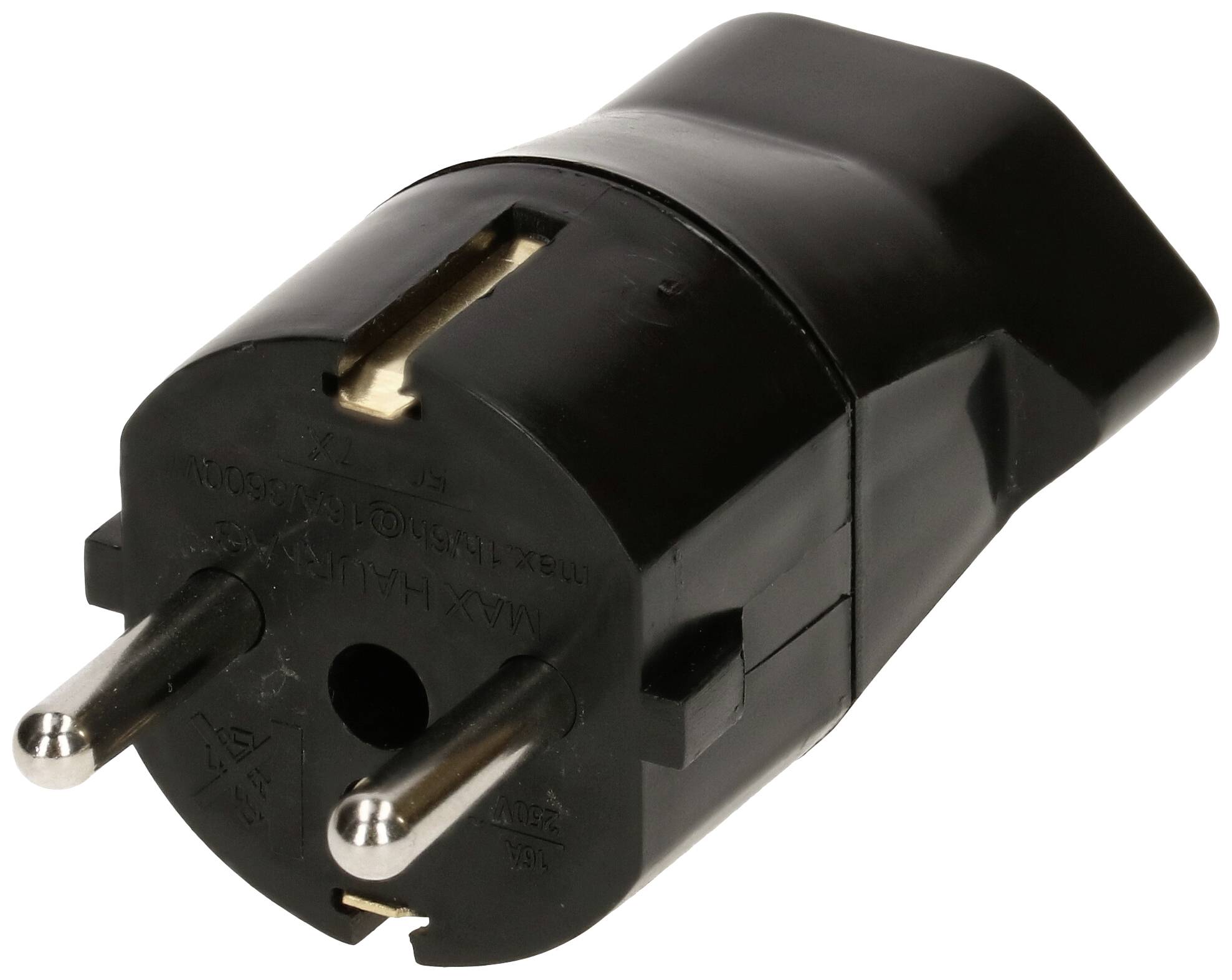 Ein schwarzer Eurostecker mit zwei Metallstiften, für elektrische Geräte in Europa geeignet.