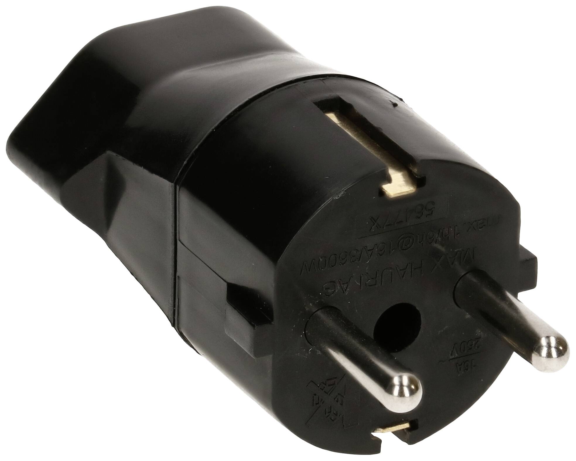 Schwarzer Eurostecker-Adapter mit zwei Metallstiften, geeignet für europäische Steckdosen.