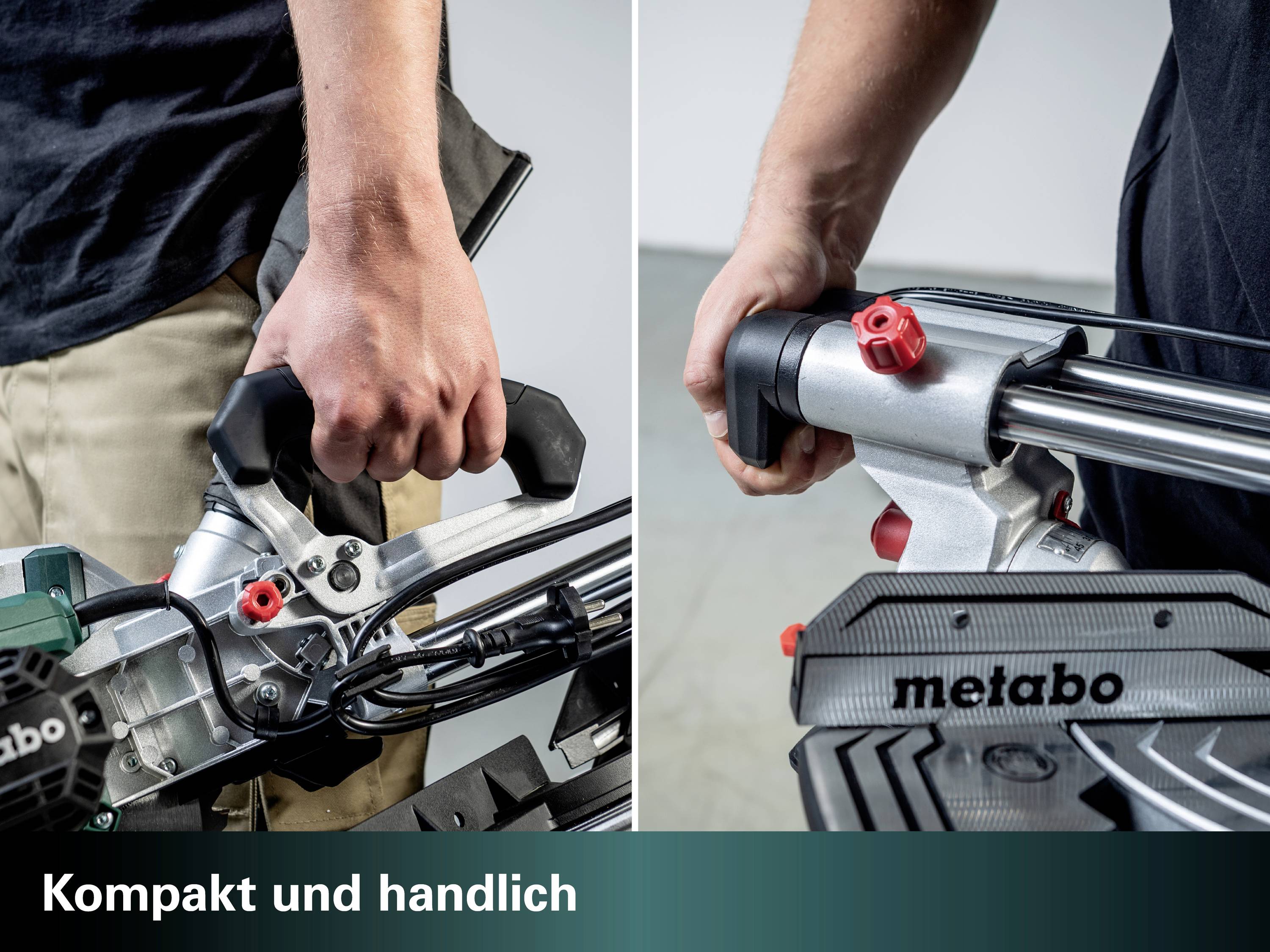 'Kompakt und handlich' beschreibt ein Werkzeug mit ergonomischem Griff. Links zeigt eine Hand das Halten, rechts Detailansicht.