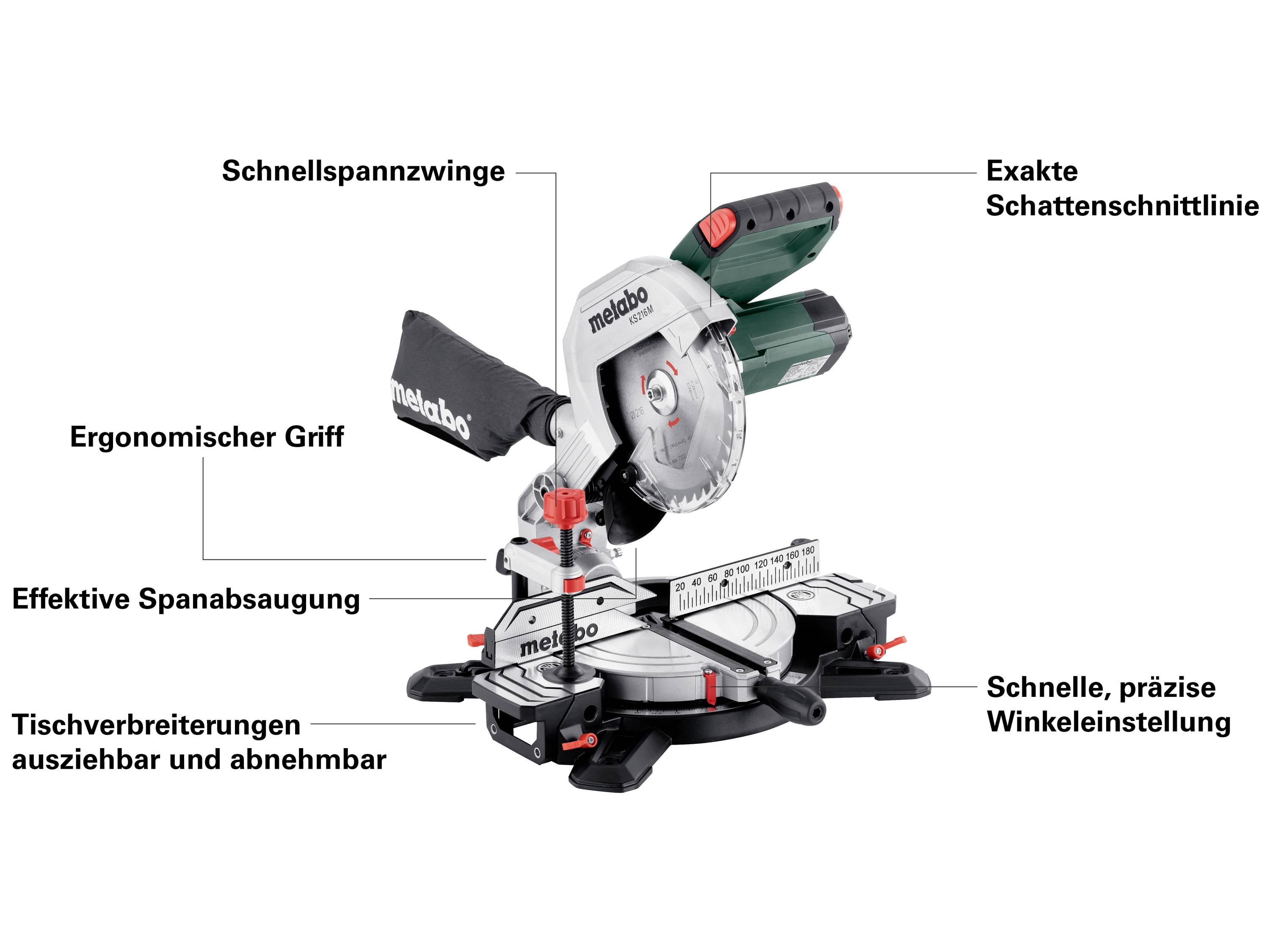 Kapp- und Gehrungssäge mit ergonomischem Griff, effektiver Spanabsaugung, Schnellspannzwinge, exakter Schattenschnittlinie und Tischverbreiterungen.