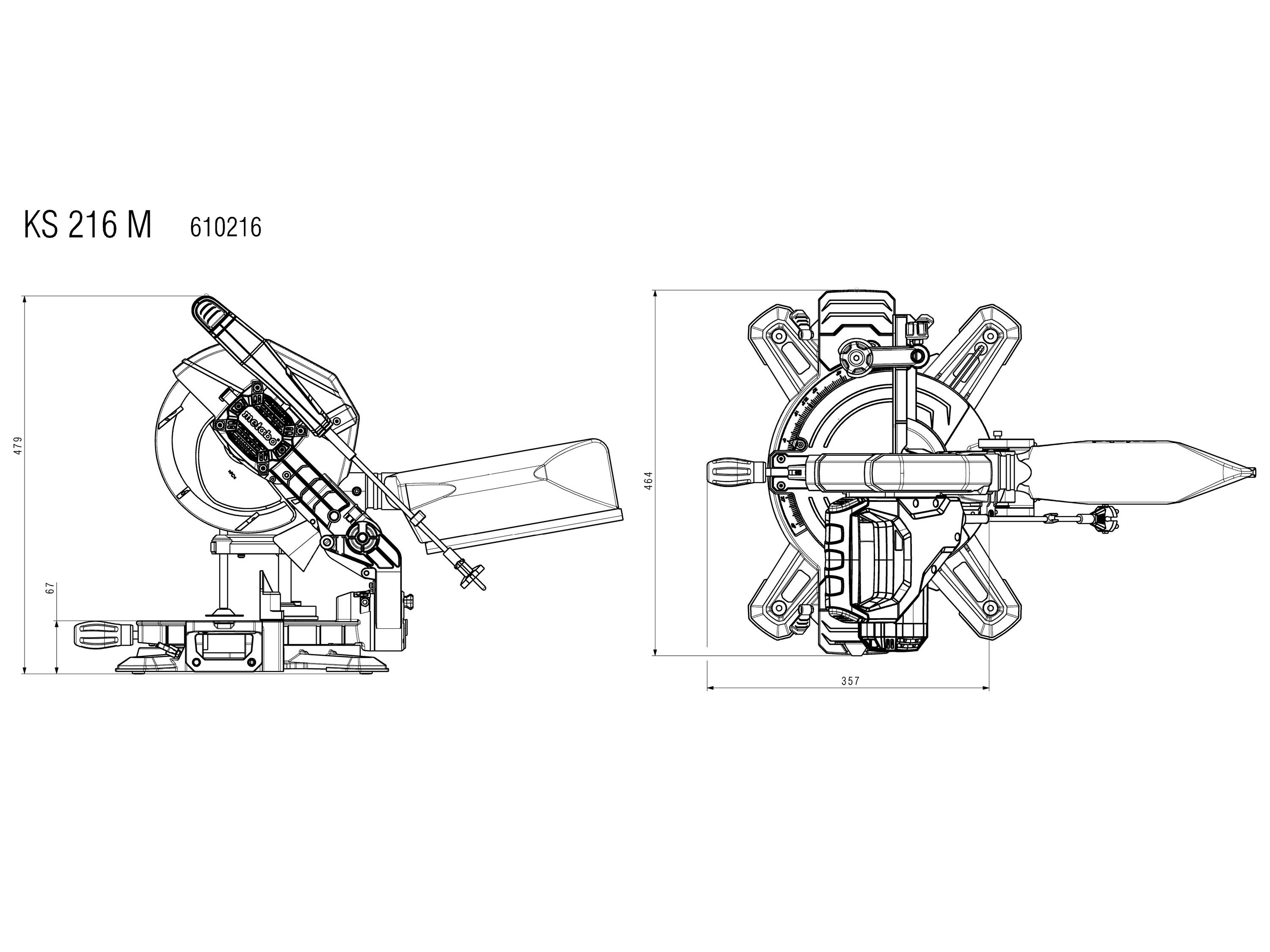 Technische Zeichnung einer Maschine mit Seiten- und Draufsicht, Abmessungen und Modellnummer 'KS 216 M'.