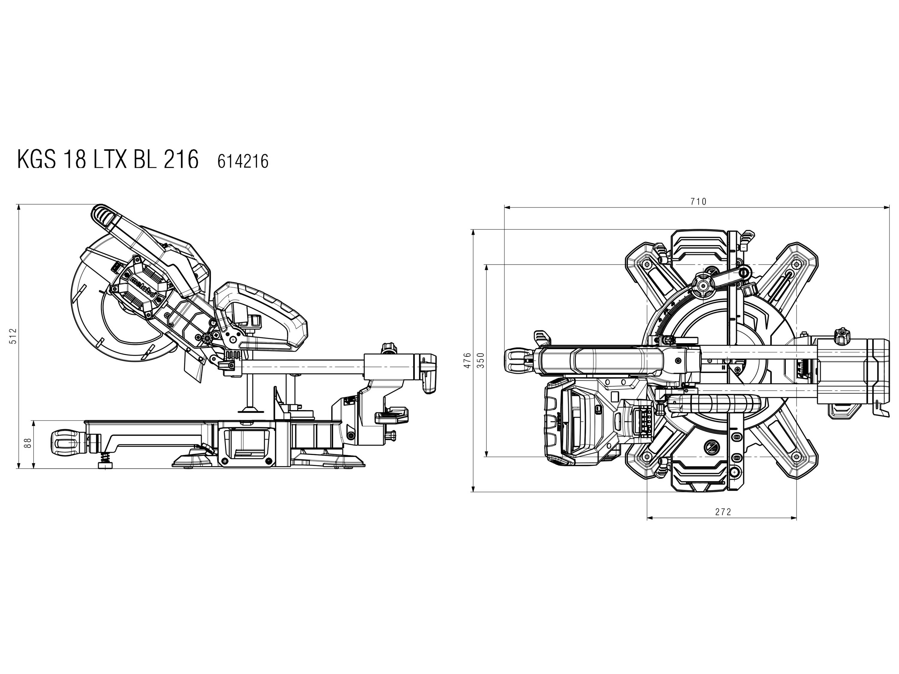 Abbildung einer Kapp- und Gehrungssäge, Modell KGS 18 LTX BL 216, mit Abmessungen: Breite 710mm, Tiefe 342mm, Höhe 412mm.