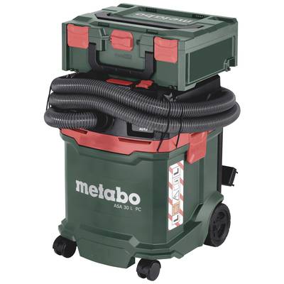 Industriesauger in Grün mit dem Logo 'metabo', ausgestattet mit Rädern, Schlauch und abnehmbarer Werkzeugbox auf der Oberseite.
