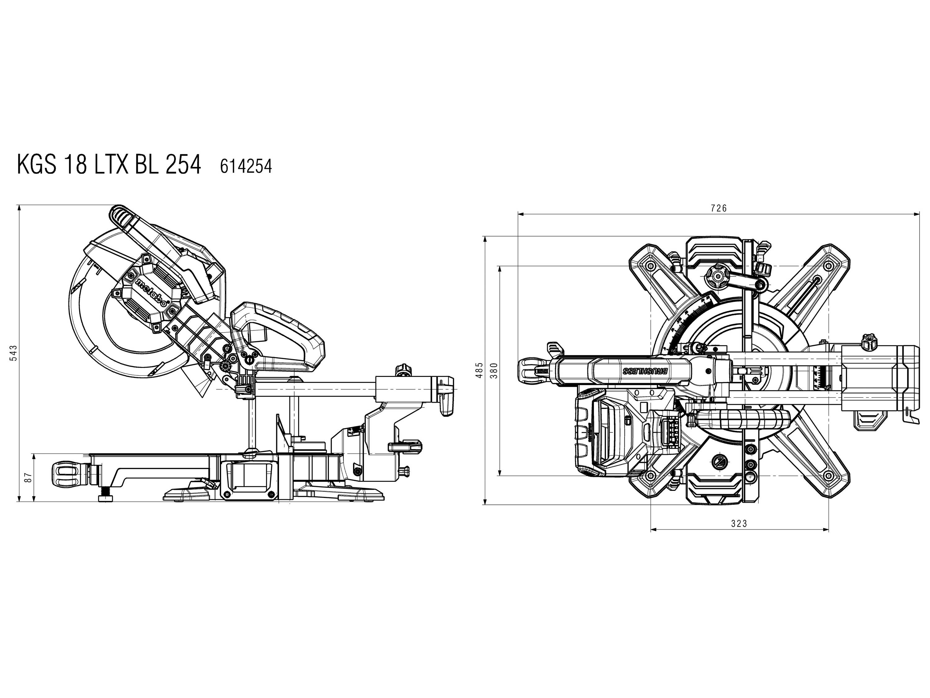 Zeichnung einer Kappsäge, Modell 'KGS 18 LTX BL 254'. Seiten- und Draufsicht mit Maßangaben in Millimetern für technische Details.