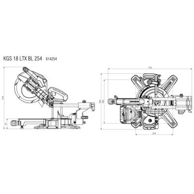Zeichnung einer Kappsäge, Modell 'KGS 18 LTX BL 254'. Seiten- und Draufsicht mit Maßangaben in Millimetern für technische Details.