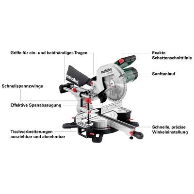 Kappsäge mit Griffen zum Tragen, Schnellspannzwinge, Staubsaugung, exakte Schattenlinillie, sanfter Anlauf und Winkeleinstellung.