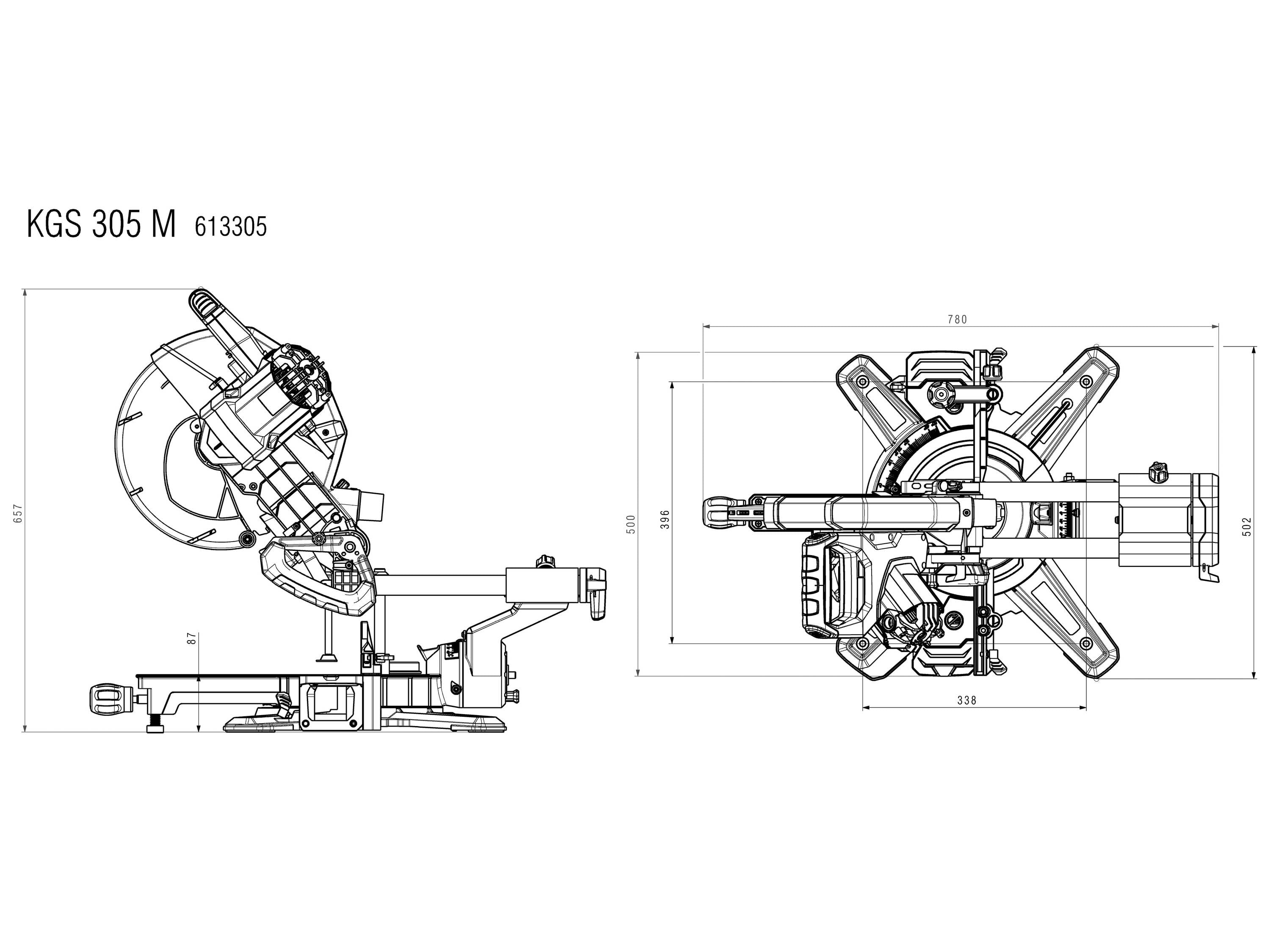 Zeichnung einer Kappsäge, Modell 'KGS 305 M', seitliche und obere Ansicht mit angegebenen Maßen. Ideal für technische Planung.