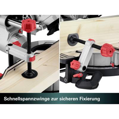 Schnellspannzwinge fixiert Holz sicher auf einer Säge, illustriert durch zwei Bilder. Text unten: 'Schnellspannzwinge zur sicheren Fixierung'.