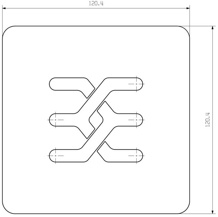 Das Bild zeigt ein technisches Diagramm eines quadratischen Symbols mit abgerundeten Ecken, das sich überkreuzende Linien im Inneren darstellt.