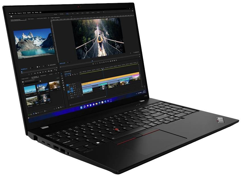 Ein schwarzer Laptop mit geöffneter Video-Editing-Software. Zwei Videos sind zu sehen, eines zeigt Berglandschaften, das andere eine Hängebrücke.