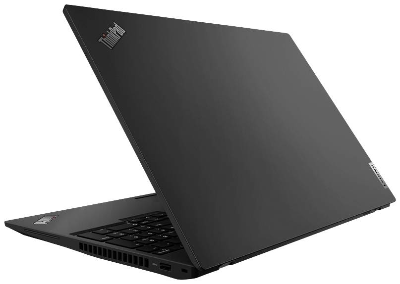 Ein schwarzer Laptop ist leicht geöffnet, zeigt das gut erkennbare Logo eines bekannten Herstellers auf dem Deckel in einer Ecke.