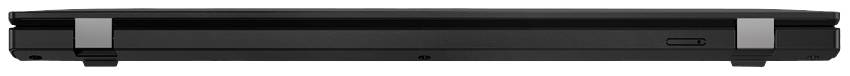 Ein schwarzer Laptop in geschlossener Position, seitliche Ansicht. Die Klangleiste und die Anschlüsse an den Seiten sind sichtbar.