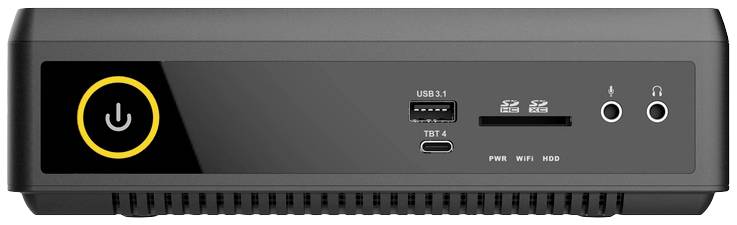 Kompakter schwarzer Mini-PC mit einem frontal beleuchteten Einschaltknopf, mehreren Anschlüssen und Lüftungsschlitzen unten.