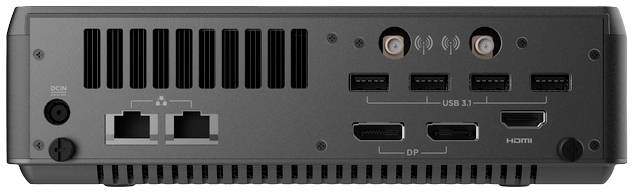 Rückseite eines Netzwerkgeräts mit Ethernet-Anschlüssen, mehreren USB-Anschlüssen, DP und HDMI-Ausgängen sowie Antennenanschlüssen.