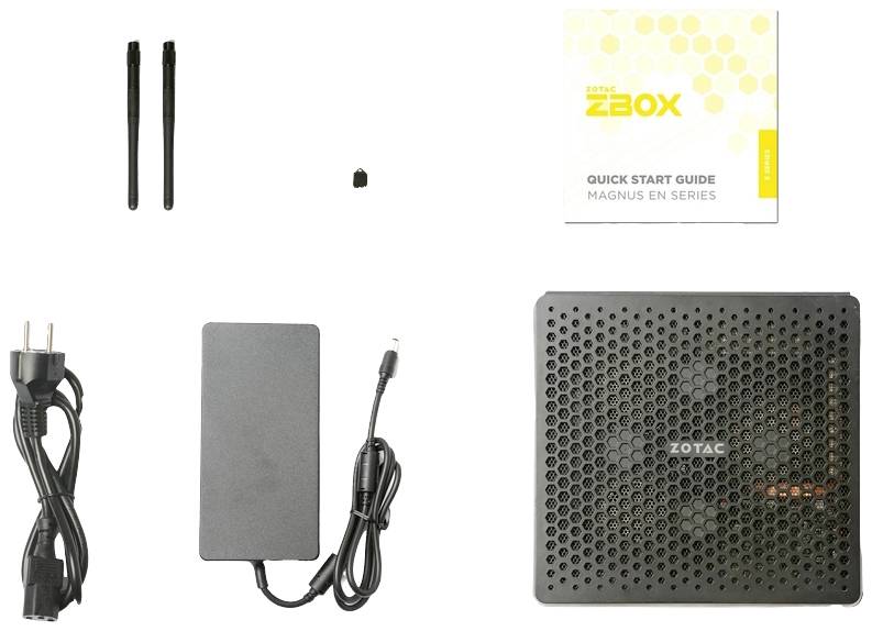 'Inhalt der ZBOX-Verpackung: zwei Antennen, eine Schraube, Stromkabel, Netzteil, Schnellstartanleitung und Mini-PC.'
