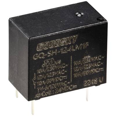 Ein schwarzes elektrisches Relais mit der Aufschrift 'GOODSKY GQ-SH-124LM1F', spezifiziert für verschiedene Spannungen und Ströme.