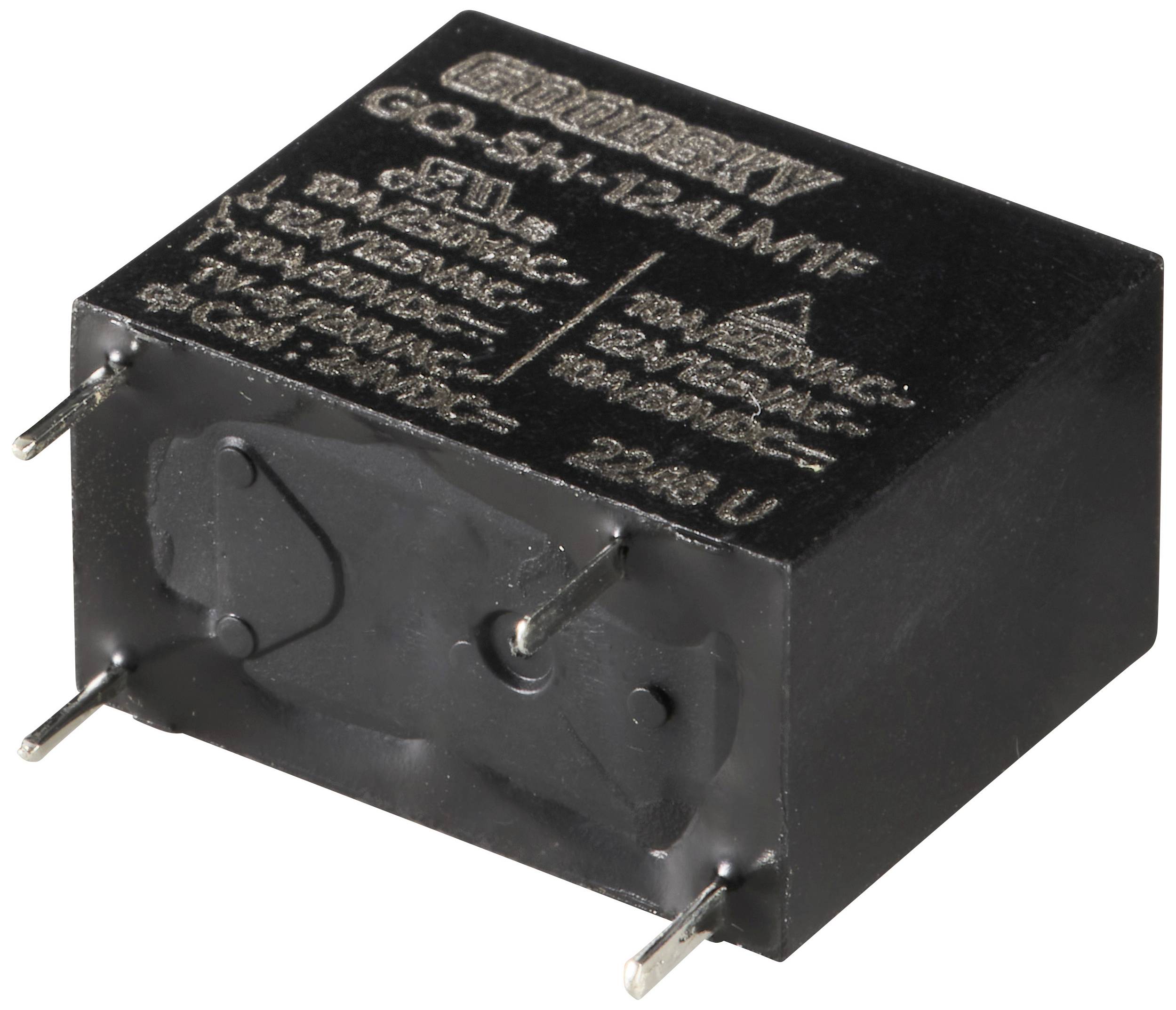 Schwarzes quadratisches elektronisches Bauteil mit Beschriftung und vier Metallstiften, verwendet zur Spannungsumwandlung.