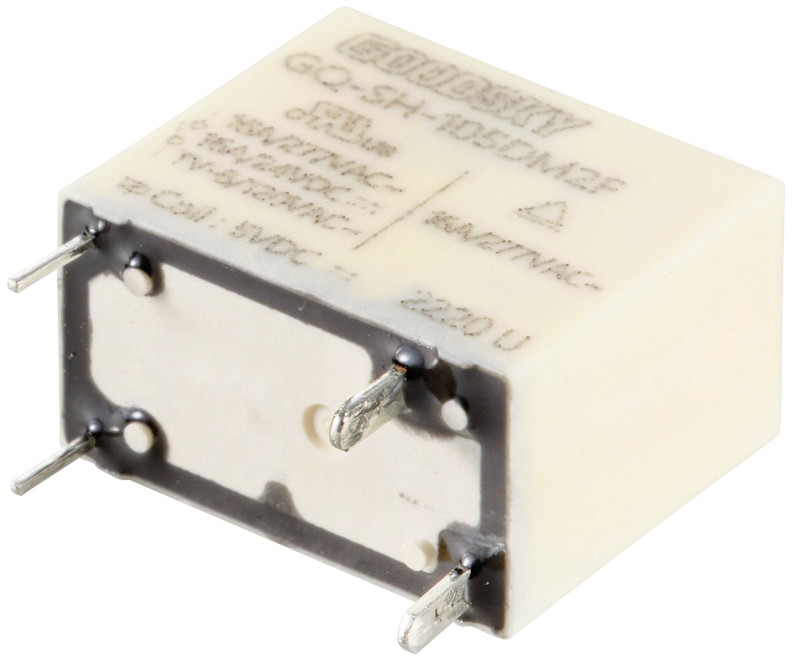 Ein rechteckiges elektronisches Bauteil mit vier Metallanschlüssen; Beschriftung 'GQ-SH-105DM2F' und Spezifikationen sichtbar.