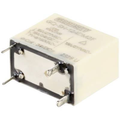 Ein kleines rechteckiges elektronisches Relaismodul mit vier Metallstiften zur Montage auf einer Platine. Aufdruck mit technischen Spezifikationen.