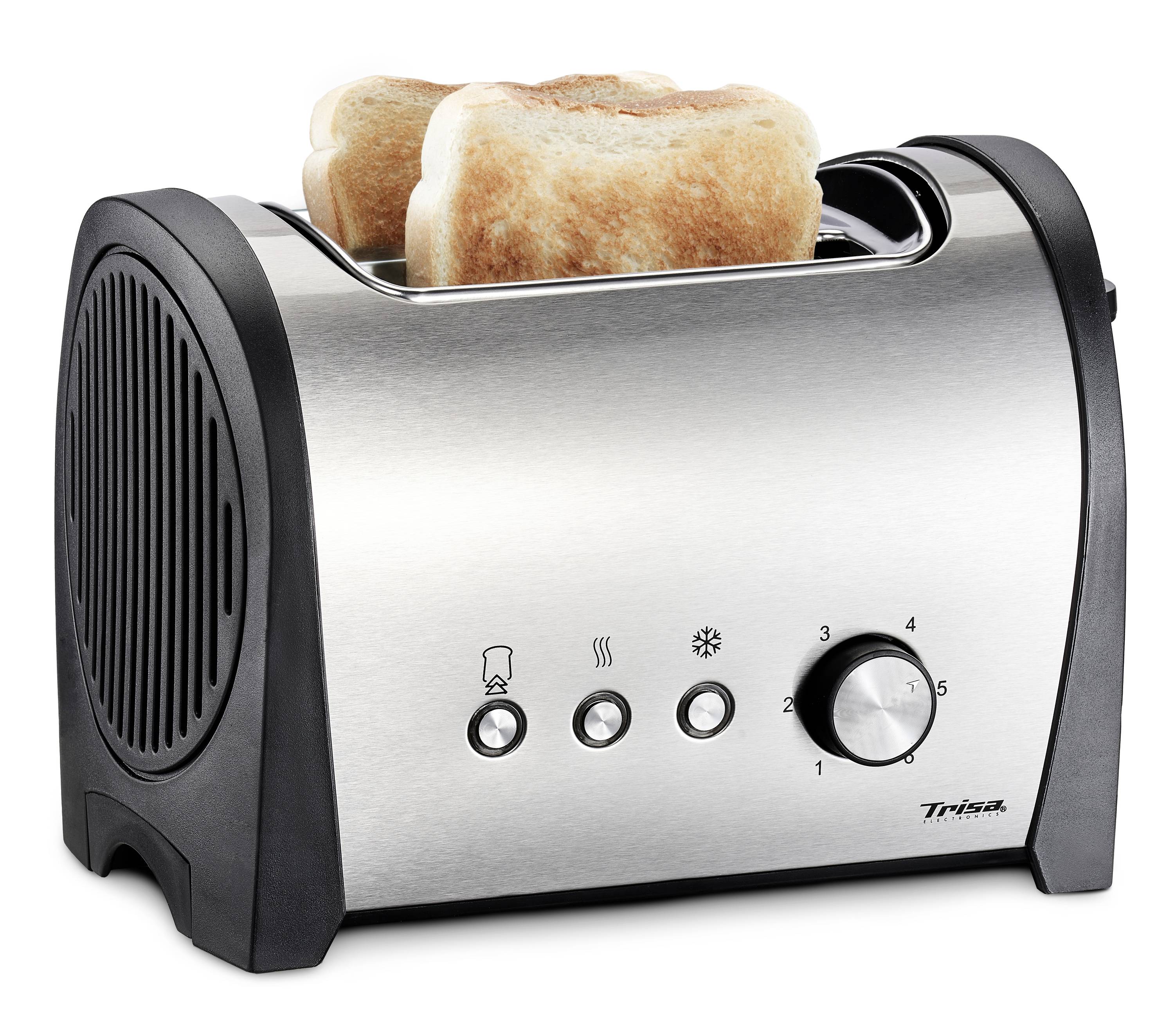 Toaster mit zwei Scheiben Toast, Bedienelemente und Regler für Bräunungsgrad auf Vorderseite sichtbar.