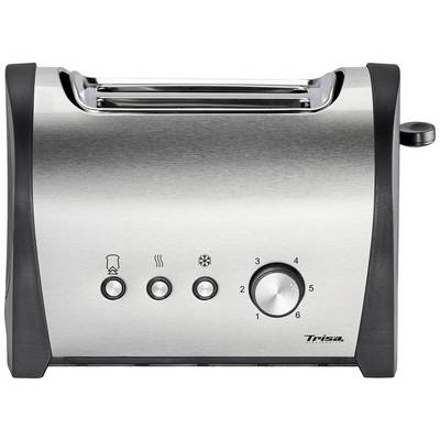 Ein silberner Toaster mit schwarzem Rand, drei Tasten für Aufwärmen, Auftauen und Abbruch, sowie Drehknopf für Bräunungsgrad 1-6.
