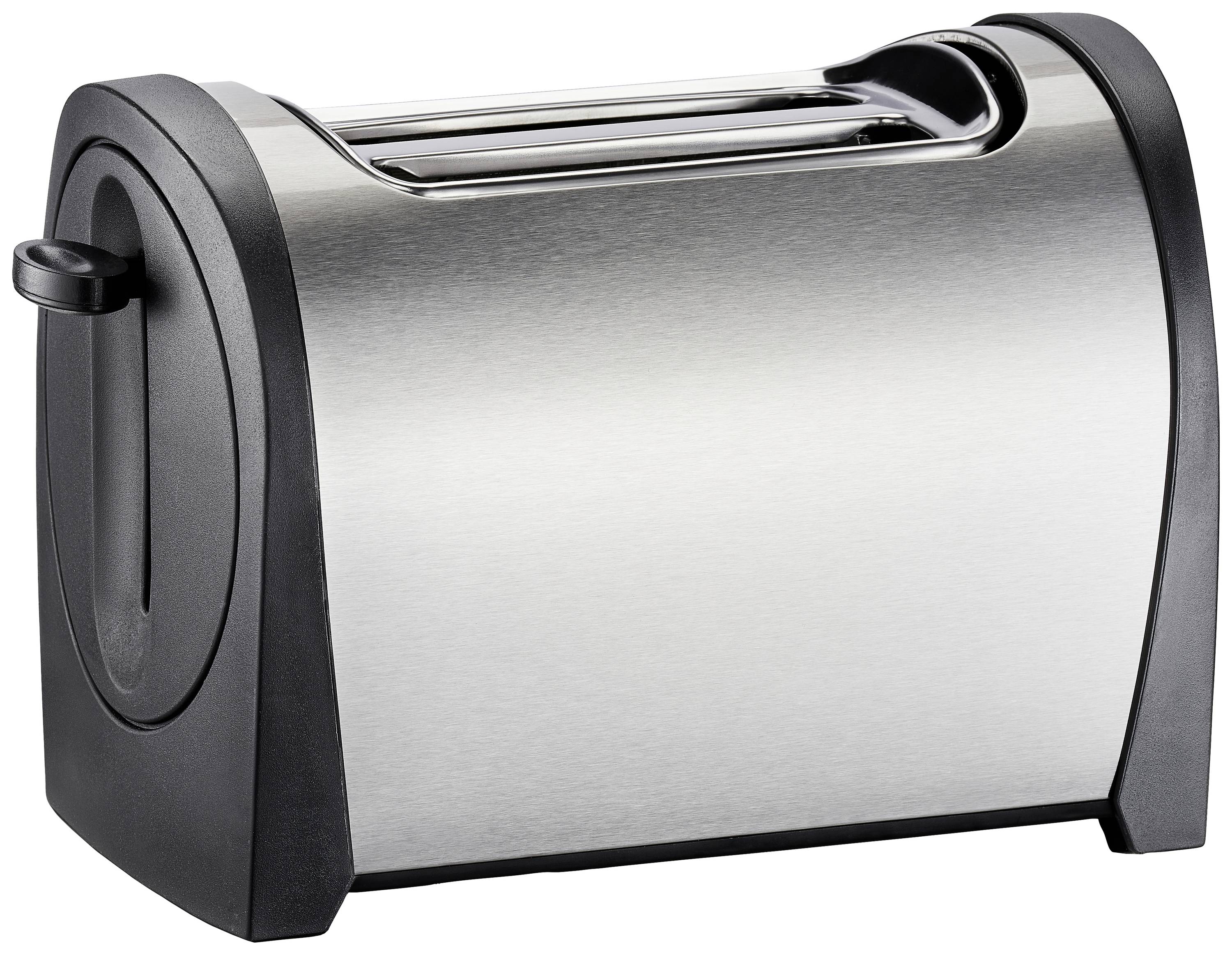 Ein Toaster aus Edelstahl mit zwei Schlitzen, schwarzem Gehäuse und einem seitlichen Hebel.