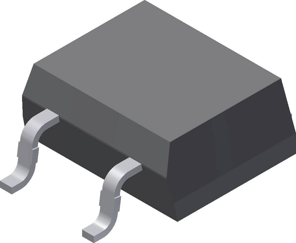 Ein graues, rechteckiges elektronisches Bauteil mit zwei gebogenen, metallischen Anschlüssen, von der Seite betrachtet.