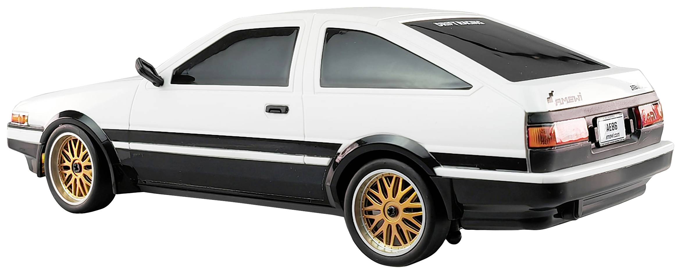 Ein weißes Modellauto mit zweifarbiger Seitenleiste und goldenen Felgen. Es ist ein Sportwagen mit getönten Fenstern und Rückleuchten.