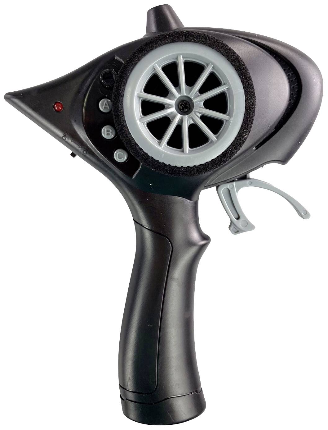 Eine schwarze Fernsteuerung mit Griff und Trigger, großen Drehregler oben und A/B/C-Tasten an der Seite, vermutlich für Modellfahrzeuge.