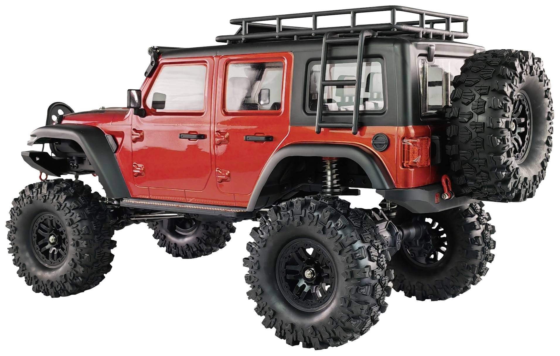 Ein rotes, robustes Geländefahrzeug mit großen All-Terrain-Reifen und einem angebrachten Reserverad, seitlich gesehen.