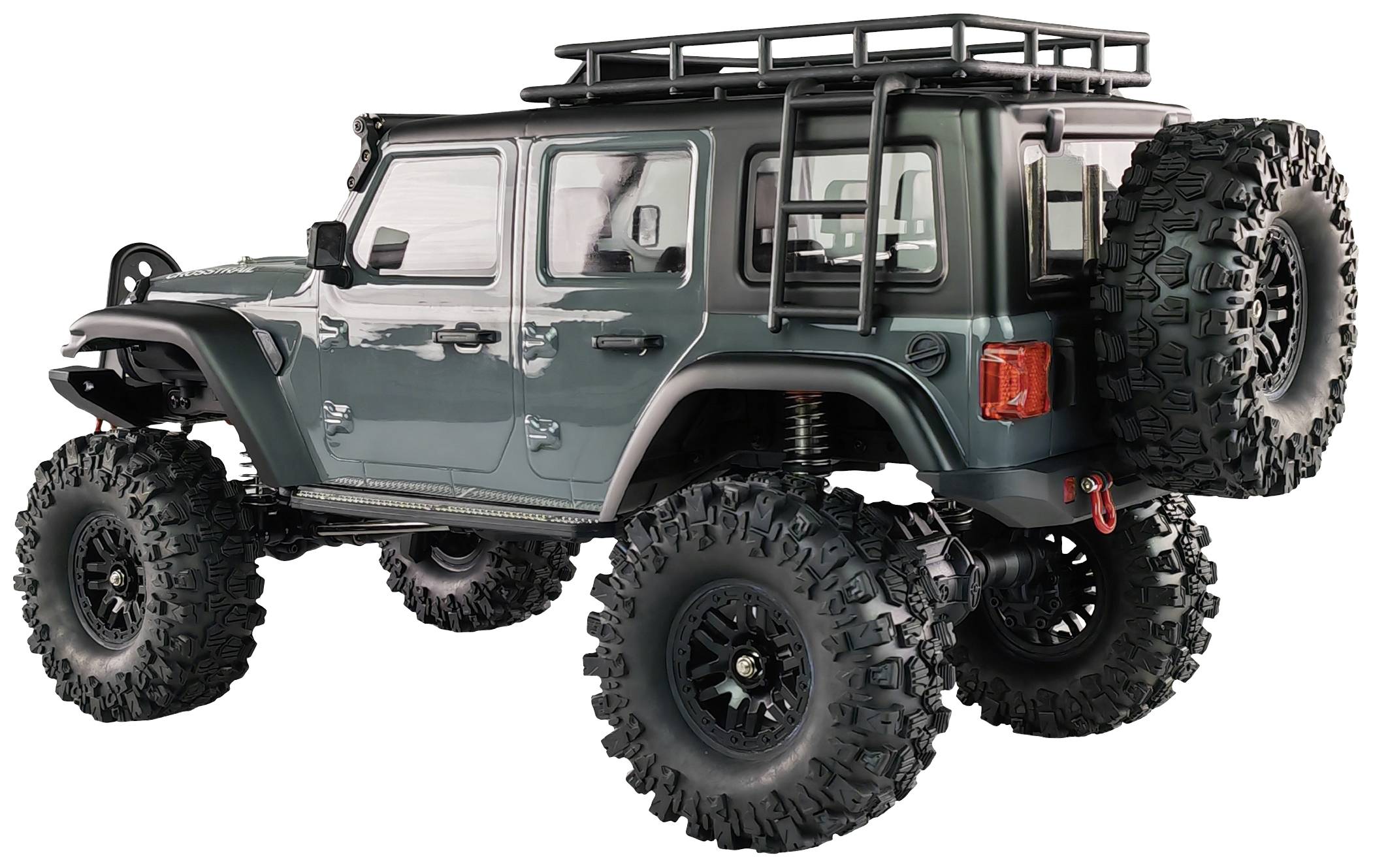 Ein dunkler, geländetauglicher Jeep mit großen Reifen und Dachgepäckträger, seitlich abgebildet auf weißem Hintergrund.