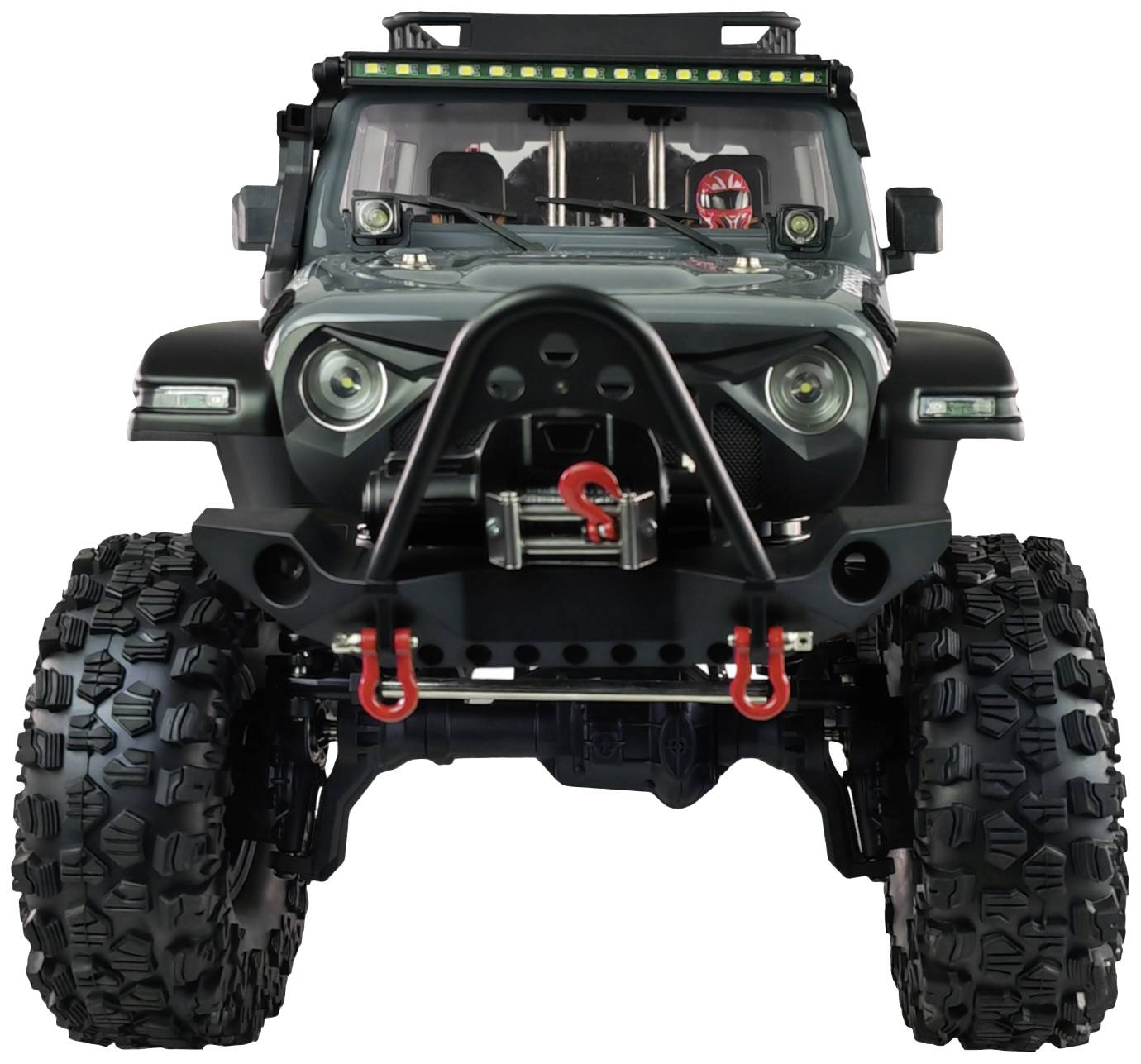 Ferngesteuertes Auto im Offroad-Stil mit großen Reifen und Seilwinde, von vorne gesehen.
