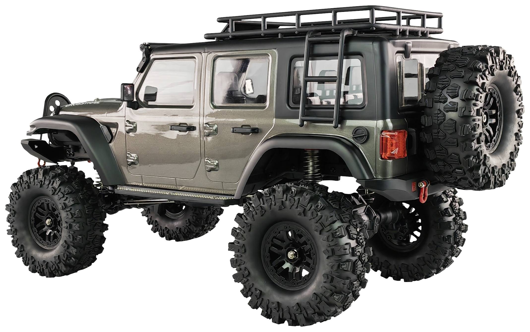Geländewagen mit großem Reifenprofil und Dachgepäckträger, Seitenansicht.