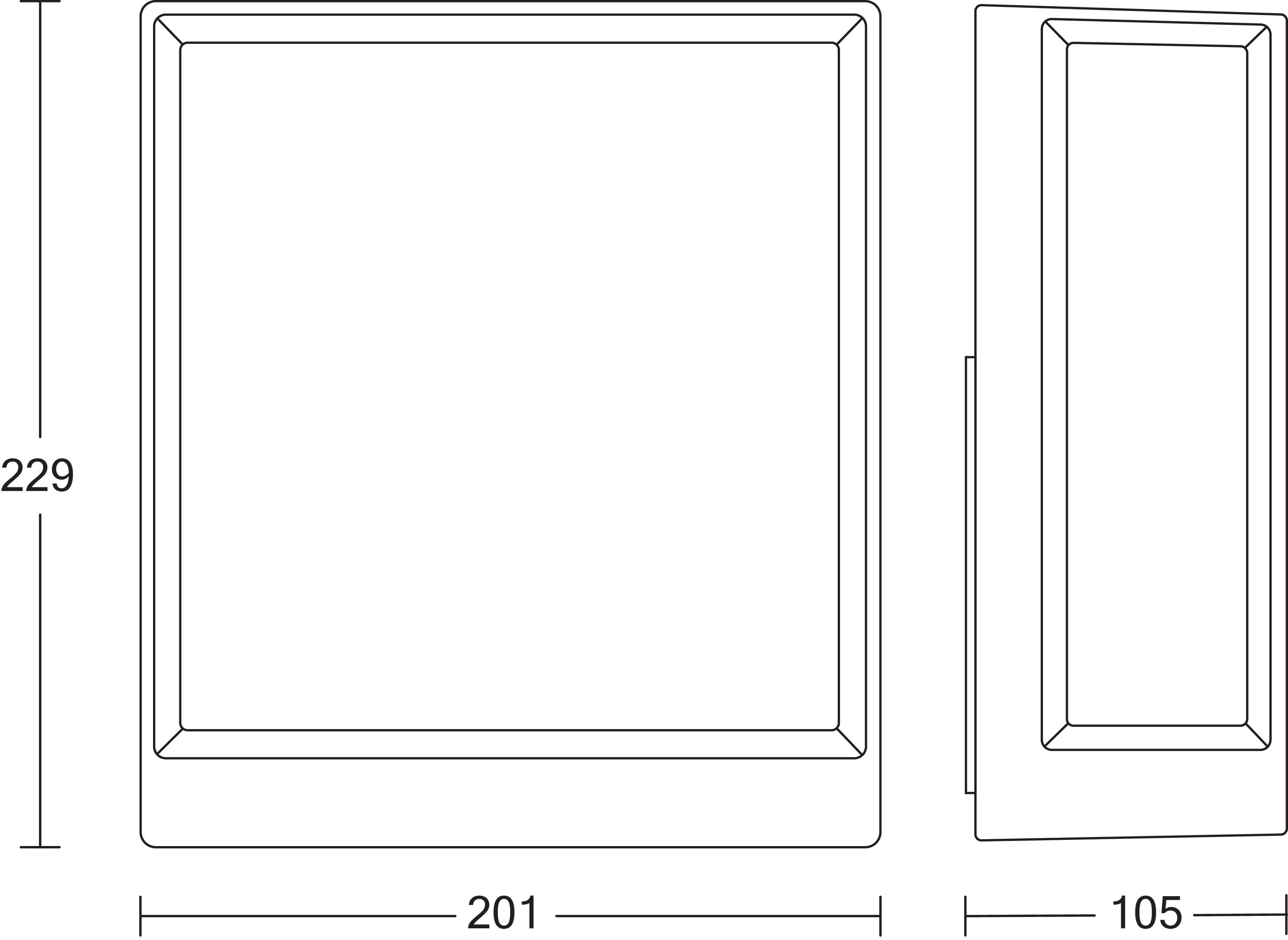 Technische Zeichnung eines rechteckigen Bauteils von vorne und der Seite. Maße: Höhe 229 mm, Breite 201 mm, Tiefe 105 mm.
