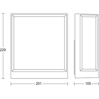 Technische Zeichnung eines rechteckigen Bauteils von vorne und der Seite. Maße: Höhe 229 mm, Breite 201 mm, Tiefe 105 mm.